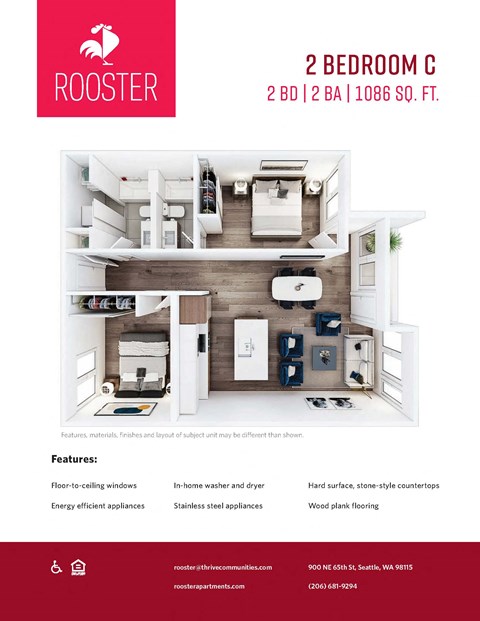 Floor plan for 2 beds, 2 baths, 1086 sqft